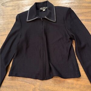 St. John Black Knit Blazer Black Leather Trim 6 Zipper